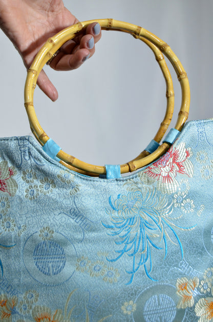 Blue Chinese Silk Floral Bag with bamboo handle