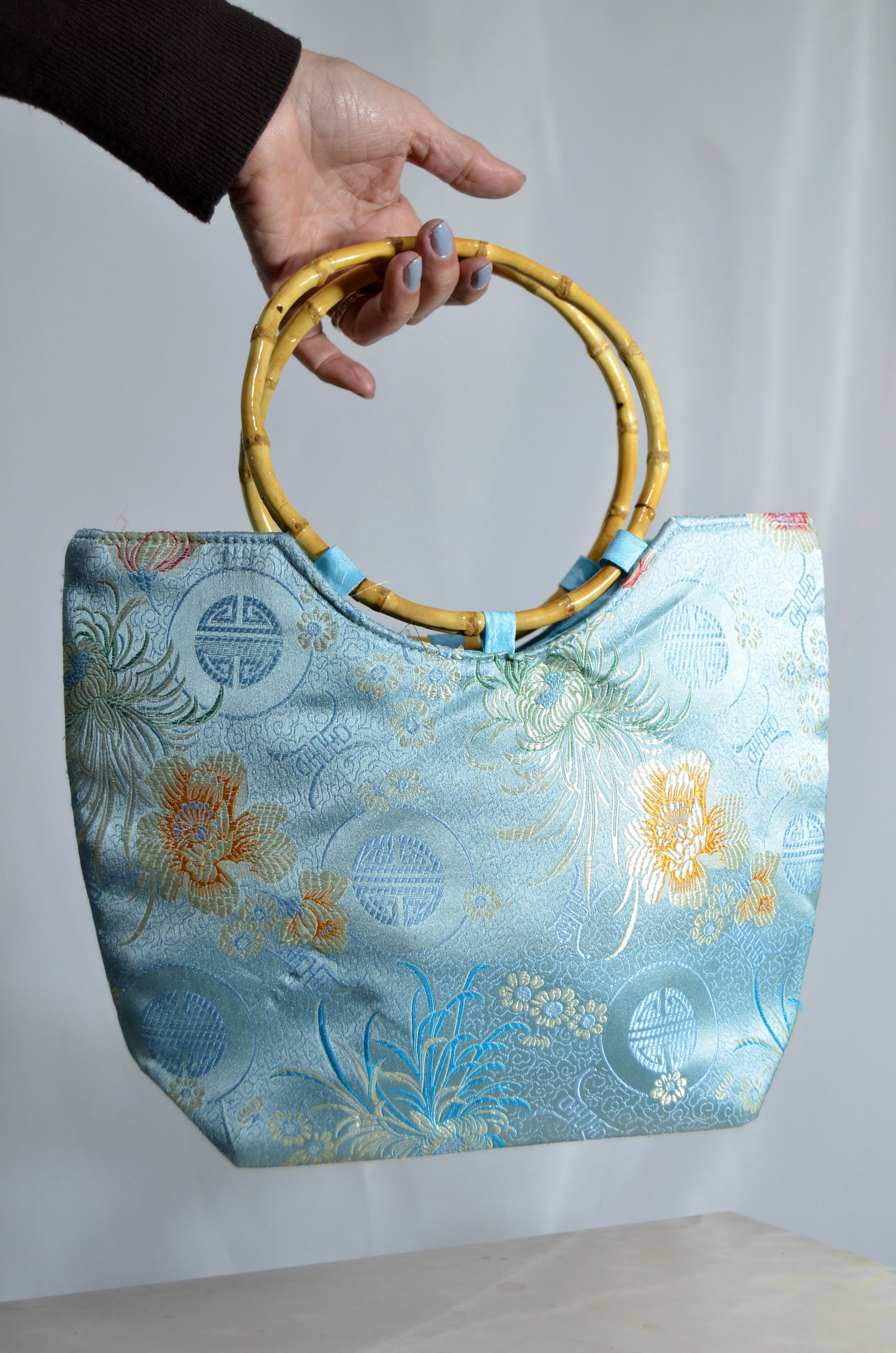 Blue Chinese Silk Floral Bag with bamboo handle