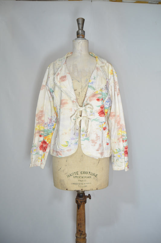 White Cotton Jacket with colorful floral details