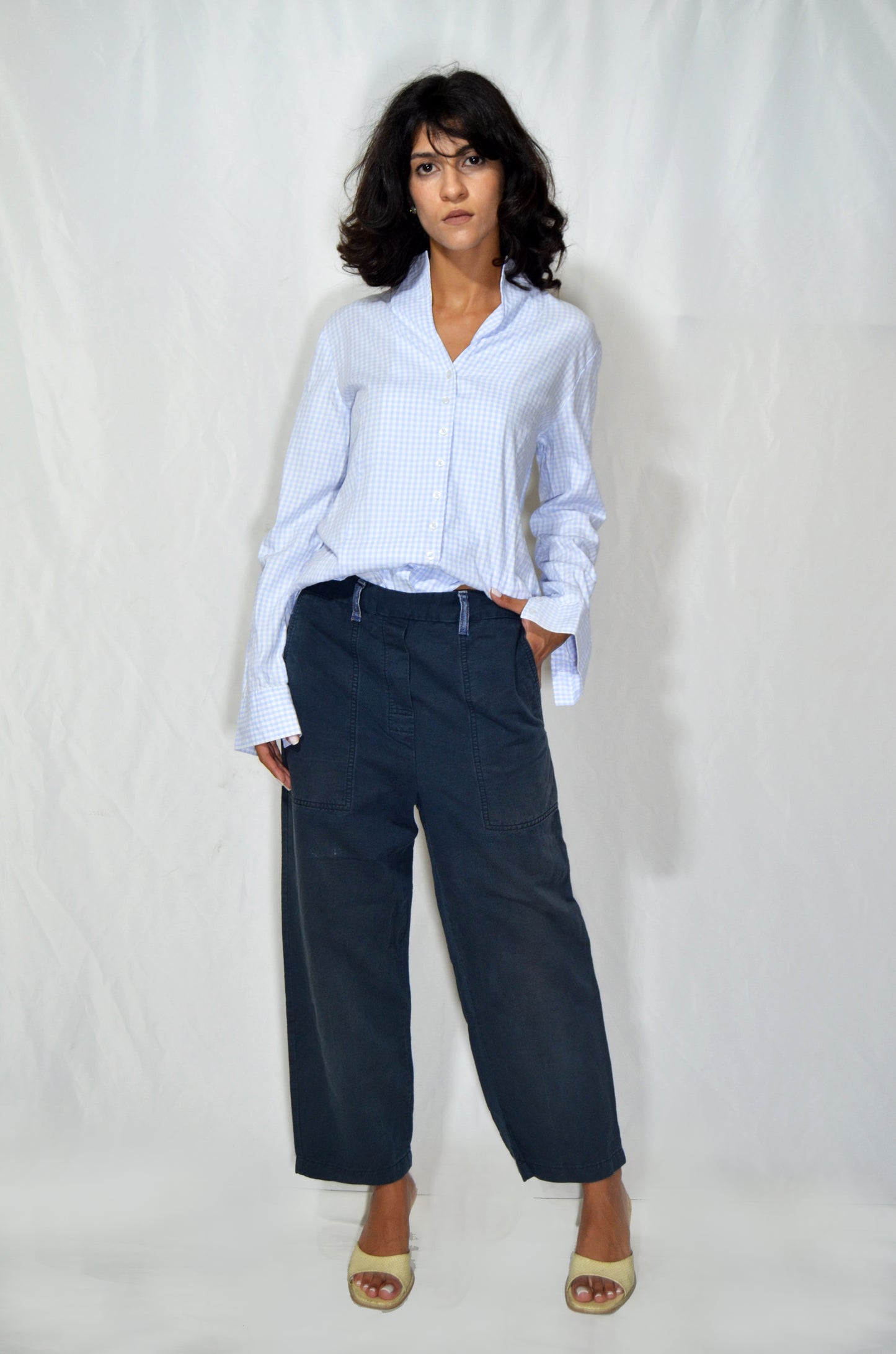 Vintage Navy Cotton Wide-Leg Utility Pants
