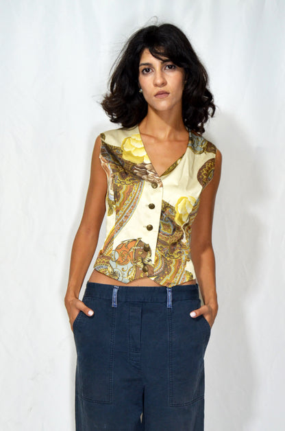 Vintage Printed Satin Fitted Vest