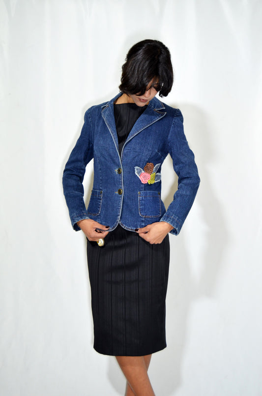 Blue Vintage Denim Jacket with a floral embroidery
