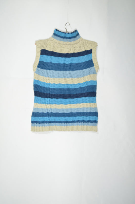 Blue Knitted Stripped Turtle Neck Top