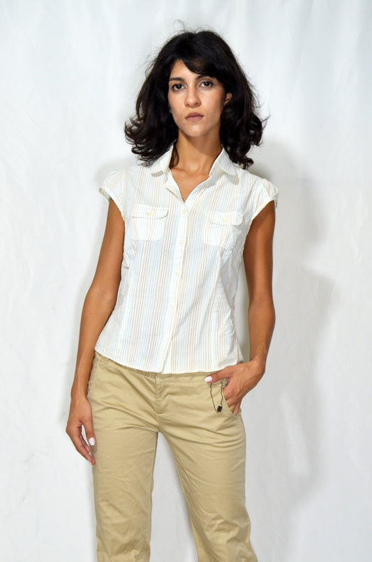 Vintage Striped Cap-Sleeve Button-Up Shirt