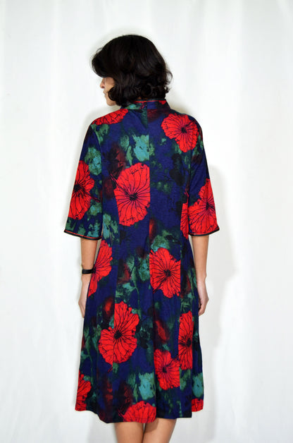 Colorful Floral Patterned Vintage Midi Dress