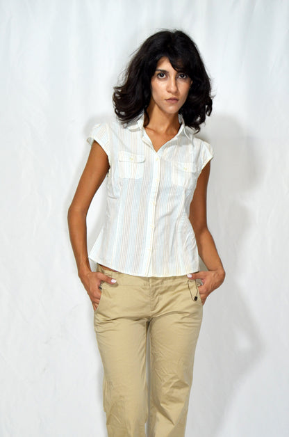 Vintage Striped Cap-Sleeve Button-Up Shirt