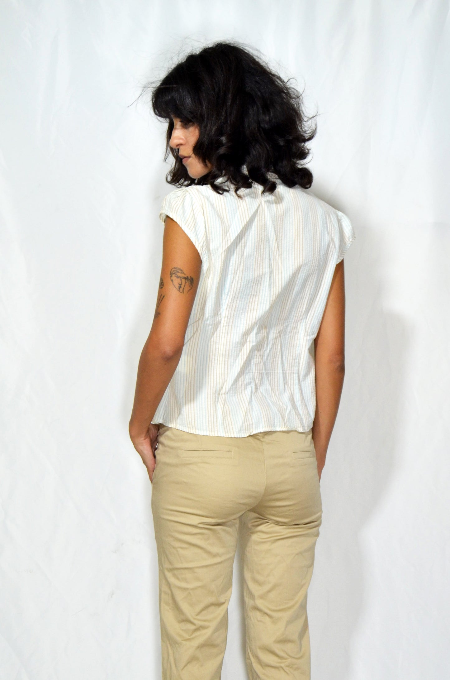 Vintage Striped Cap-Sleeve Button-Up Shirt