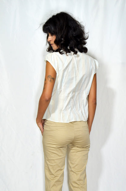Vintage Striped Cap-Sleeve Button-Up Shirt