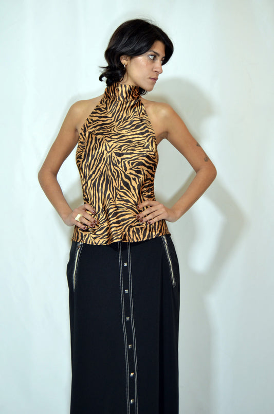 Black & Gold Backless Tiger patterned Silky Vintage Top