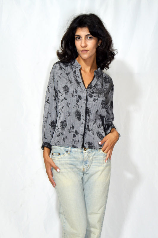 Vintage Grey Floral Button-Up Blouse