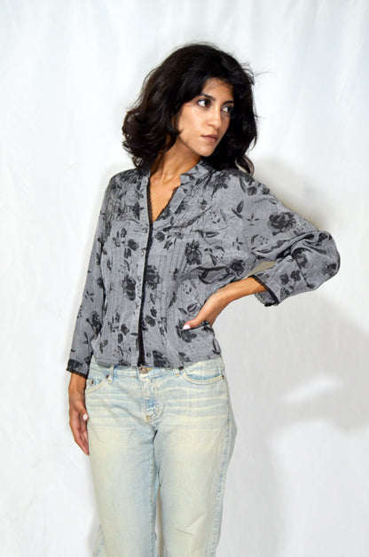 Vintage Grey Floral Button-Up Blouse