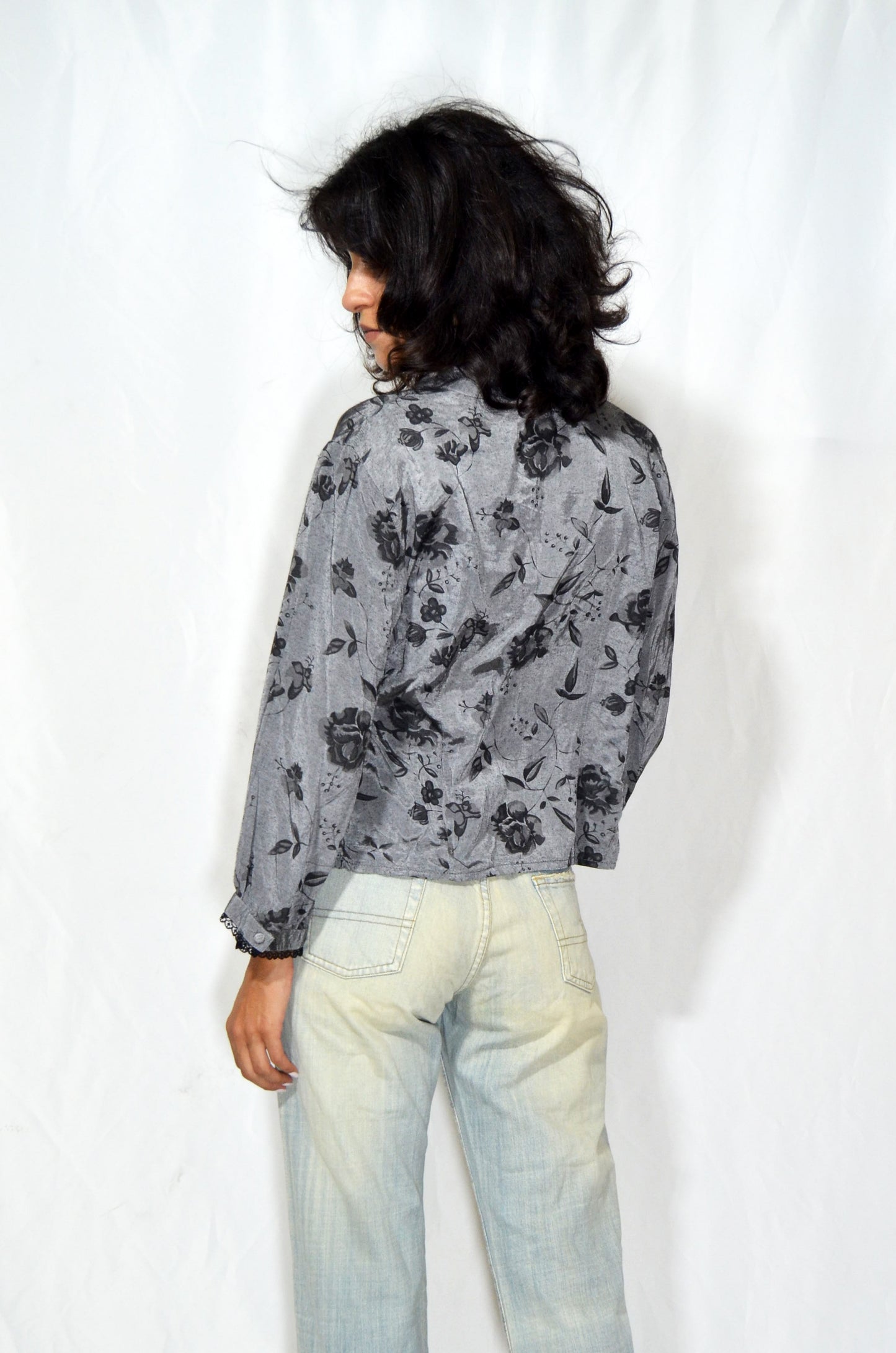 Vintage Grey Floral Button-Up Blouse