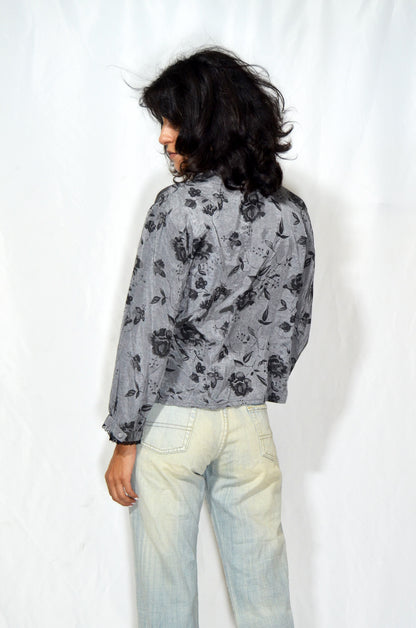 Vintage Grey Floral Button-Up Blouse