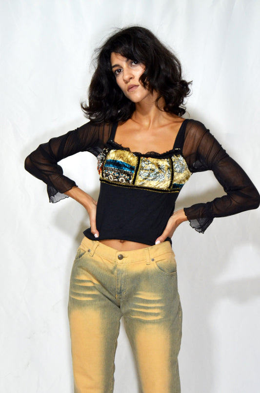 Vintage Sheer Sleeve Embellished Top