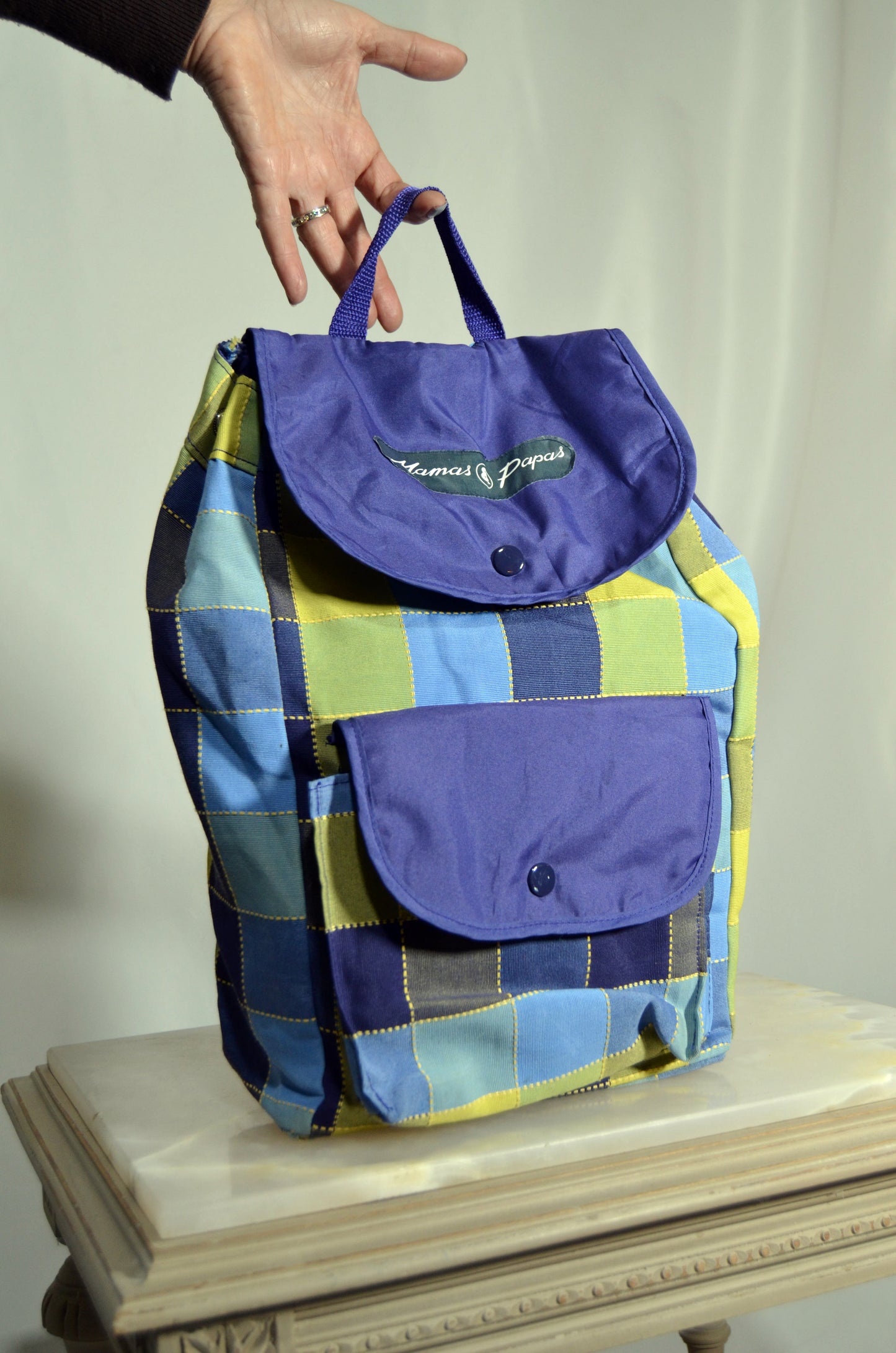 "Mama's & Papas" Purple, Blue & Green Squared Patterned Backpack