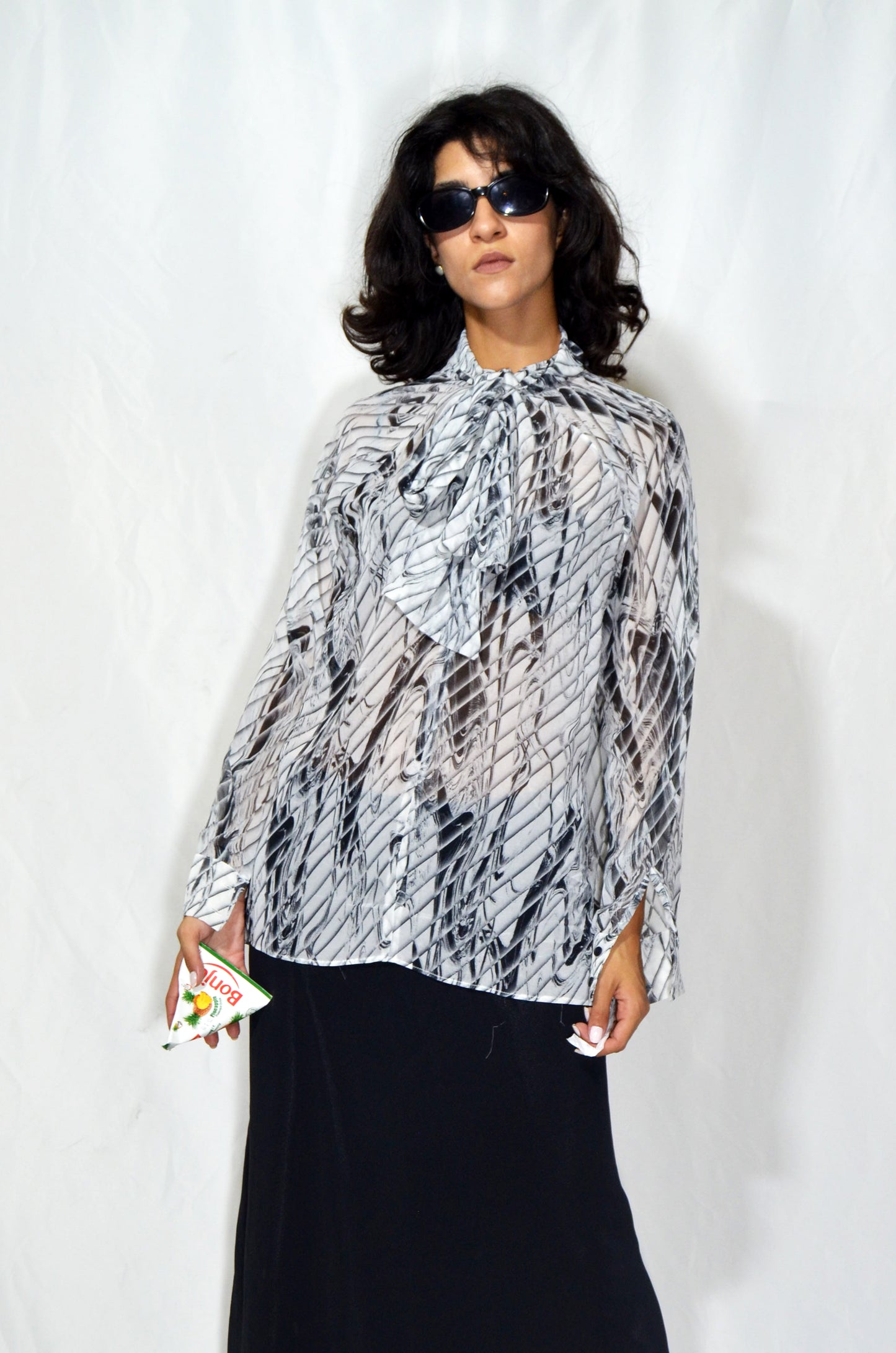 Vintage Sheer Printed Bow Blouse
