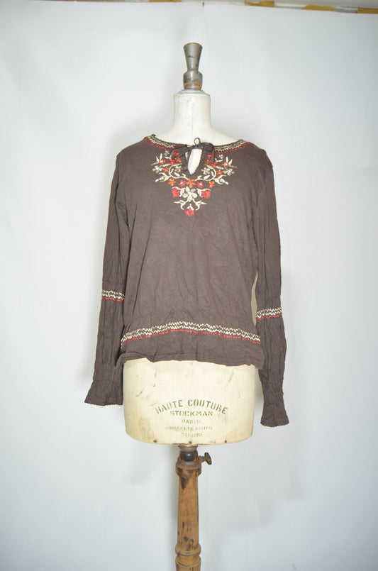 Brown Flowy Top with Some Embroideries