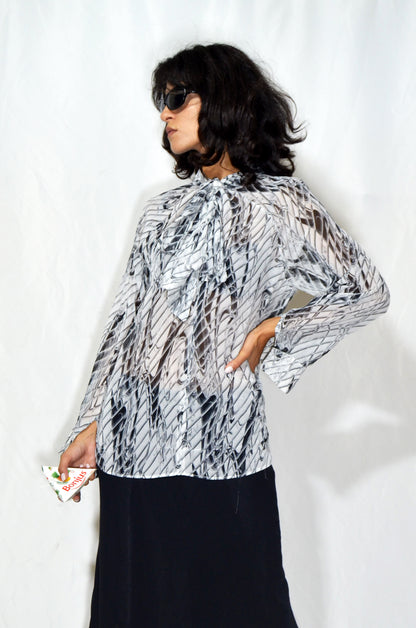 Vintage Sheer Printed Bow Blouse