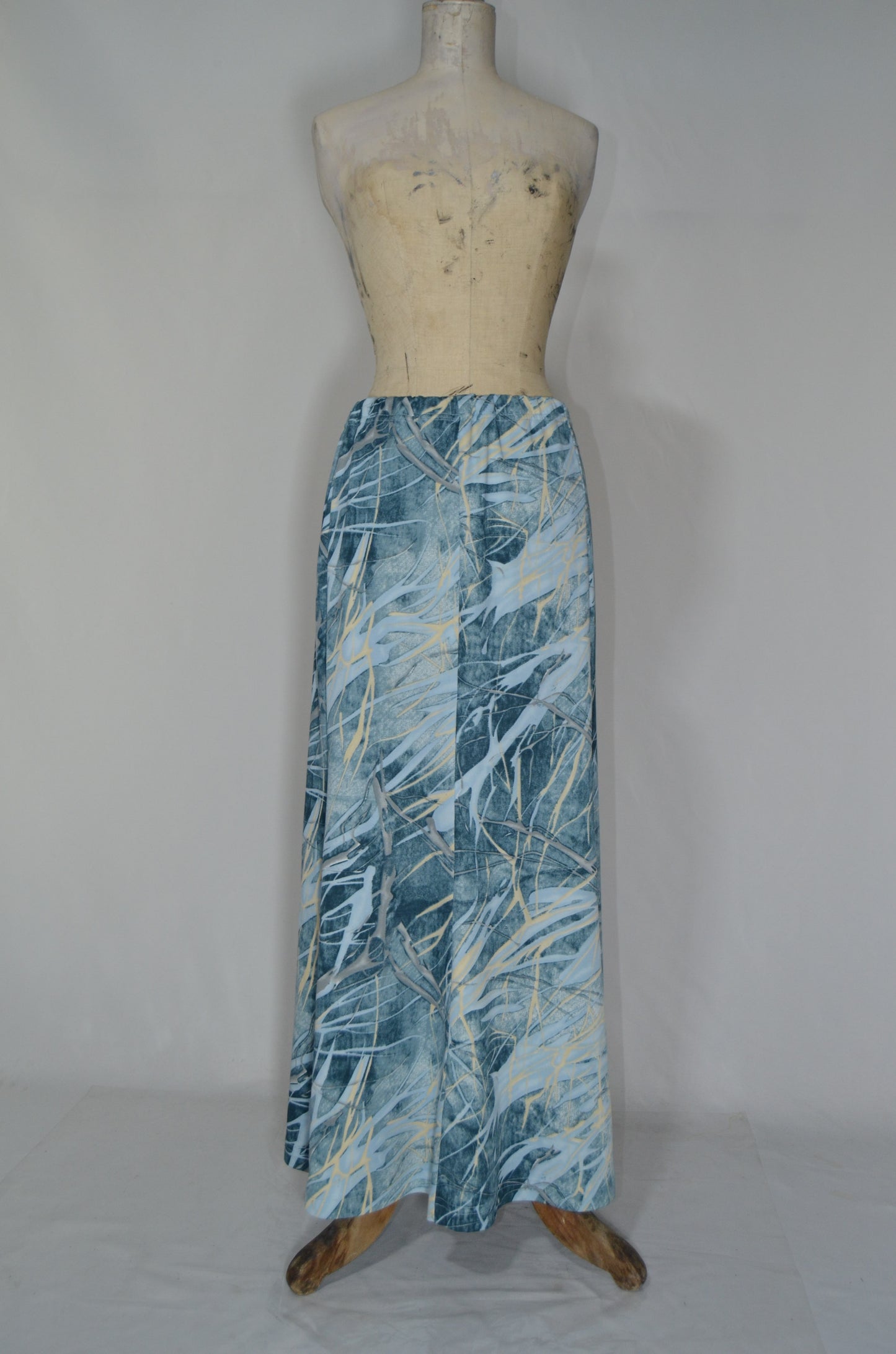 Blue Patterned Straight Cotton Maxi Skirt