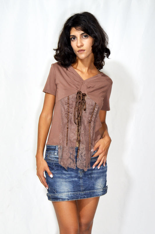 Brown Lace-Up Top