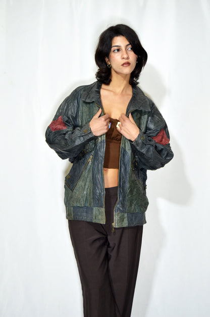 Green, Blue & Red Vintage Leather Jacket