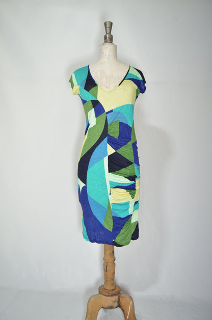 Blue & Green Patterned Backless Fitted Midi Dress