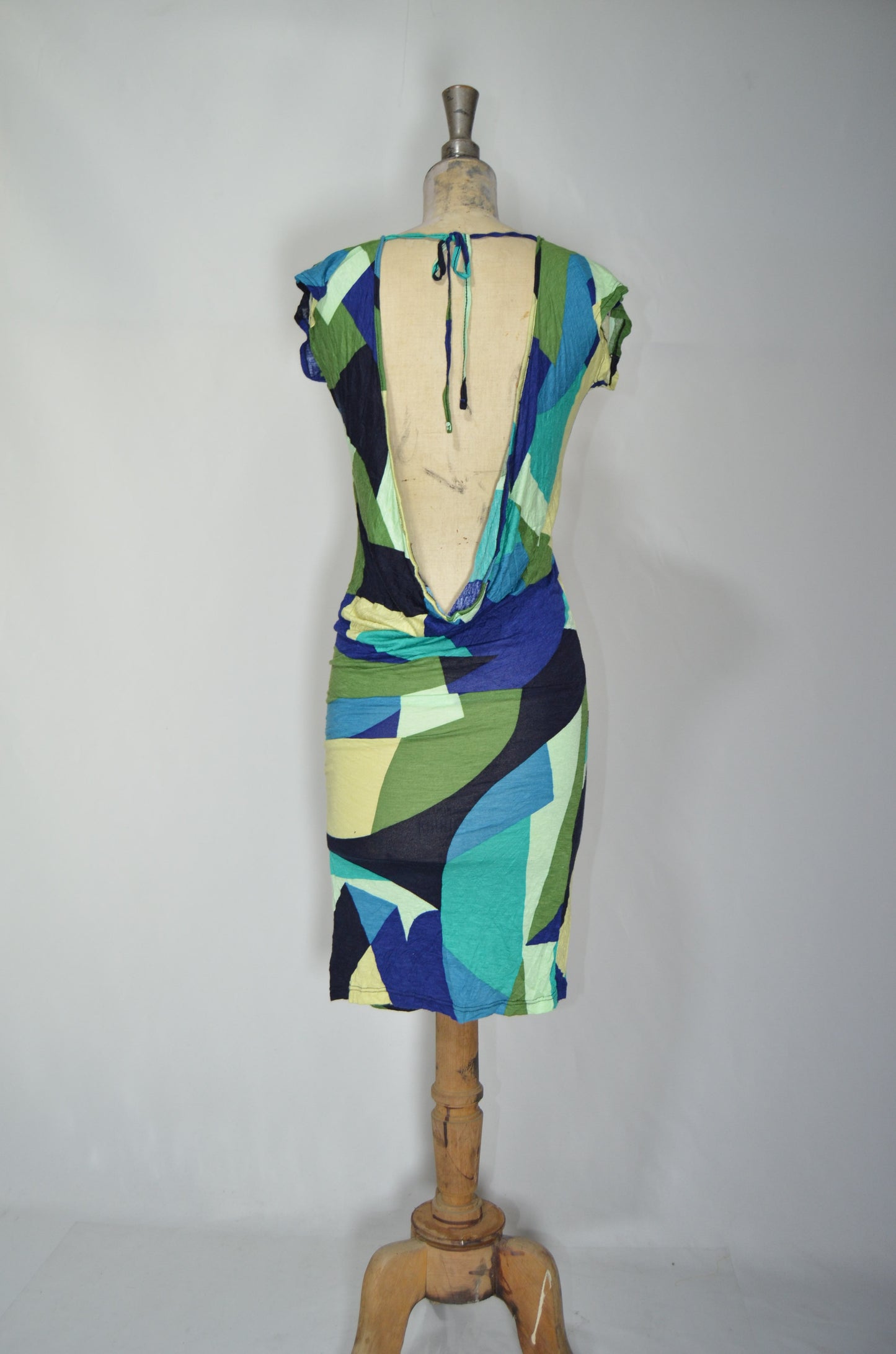 Blue & Green Patterned Backless Fitted Midi Dress