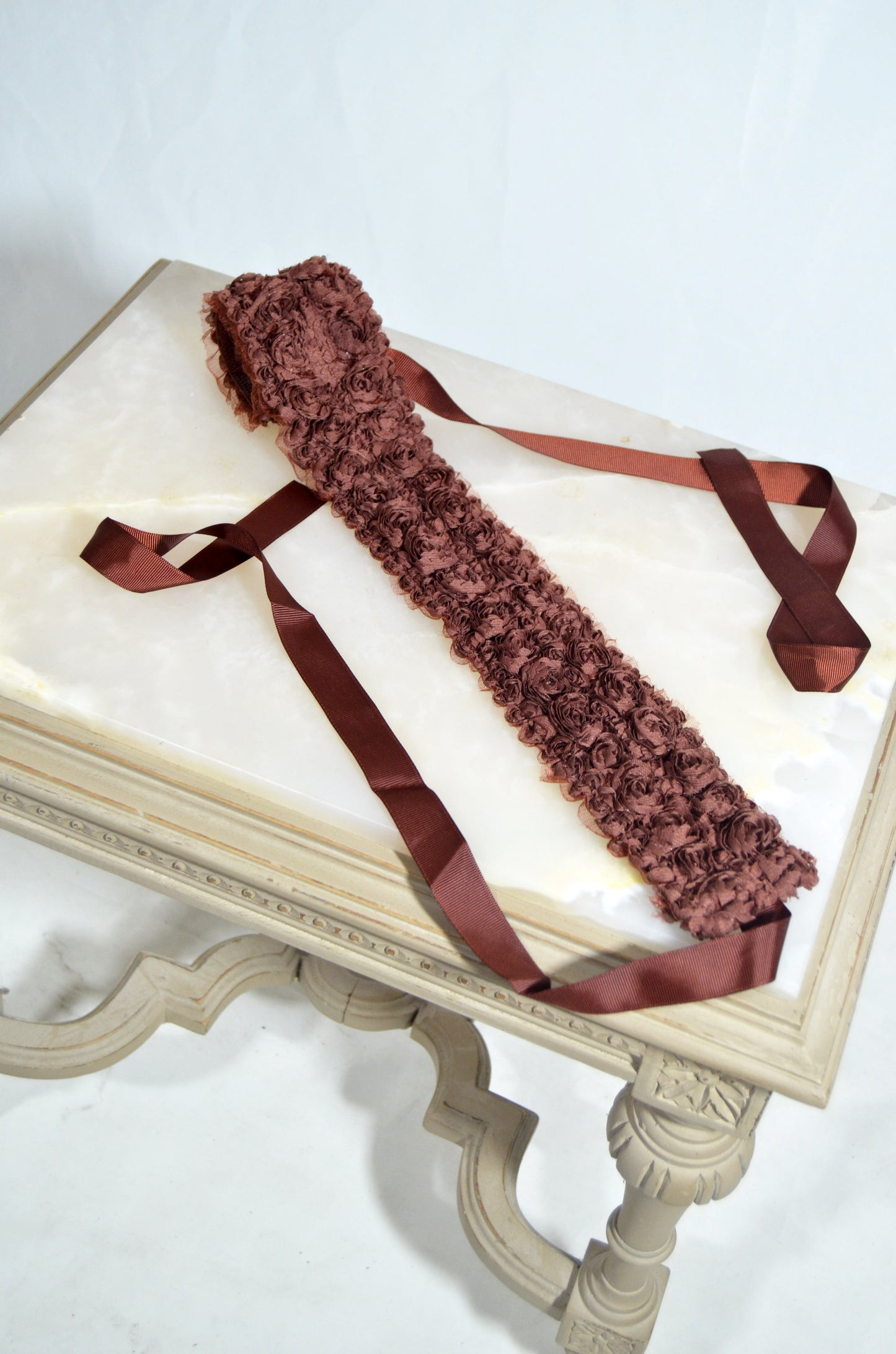 Brown Floral Elastic Waist Belt with Ribbon Tie
