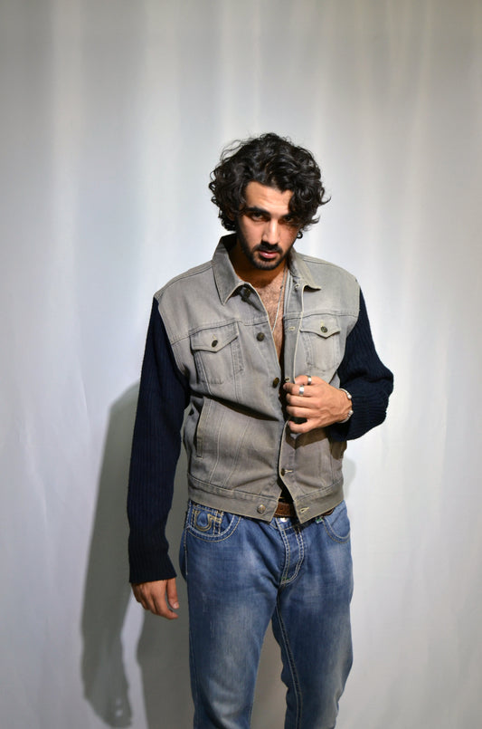 Grey & Blue Denim Jacket with Wool Sleeves