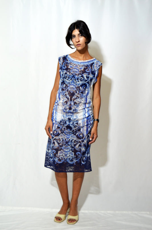 Blue Patterned Vintage Lace Dress