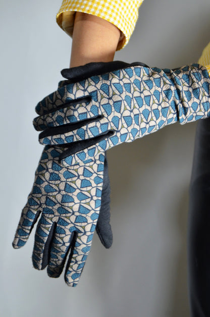 Black, Blue & Beige Patterned Vintage Gloves