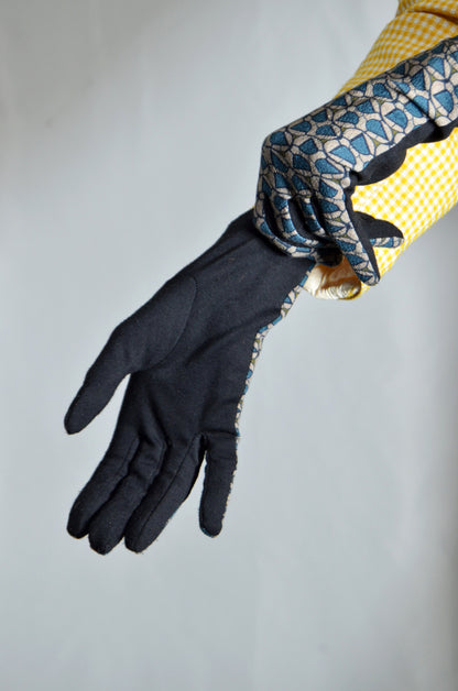 Black, Blue & Beige Patterned Vintage Gloves