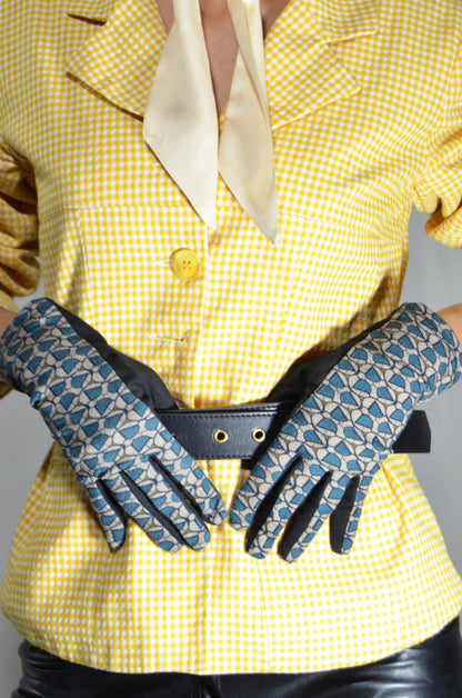 Black, Blue & Beige Patterned Vintage Gloves