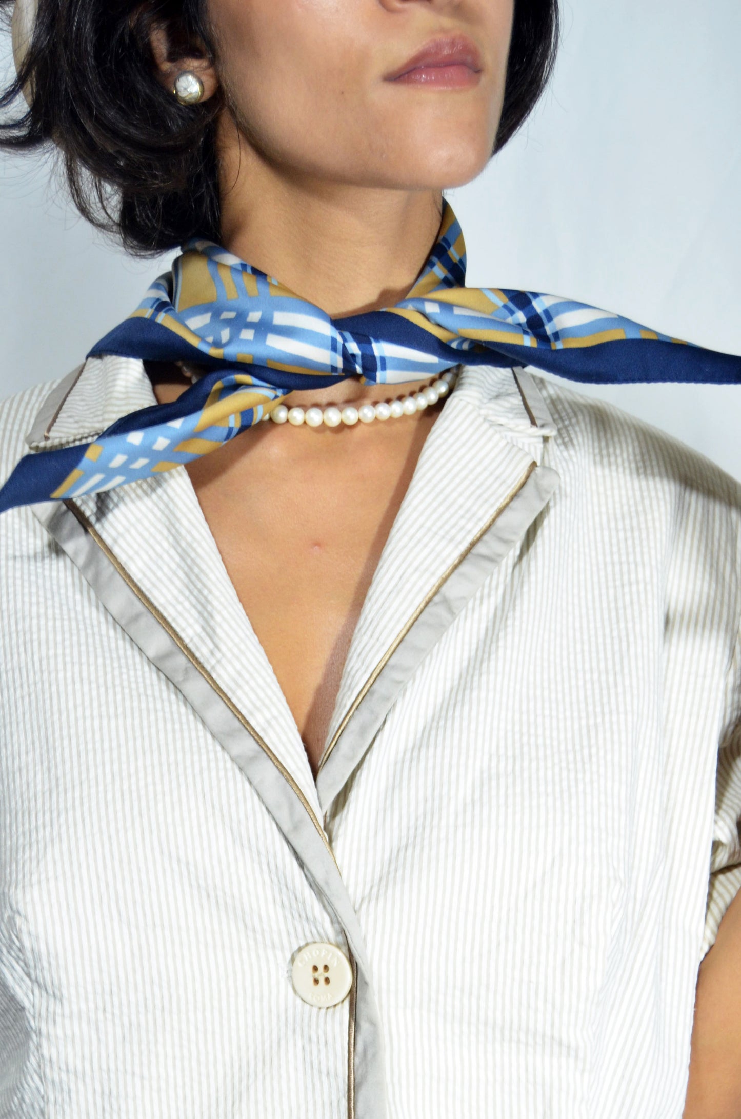 Navy and Mustard Plaid Silk Scarf