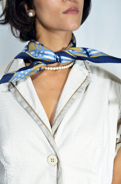 Navy and Mustard Plaid Silk Scarf