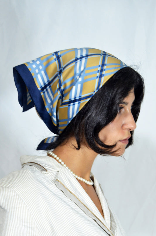 Navy and Mustard Plaid Silk Scarf