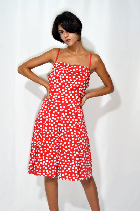 Red Vintage Polka Dots Midi Flared Dress