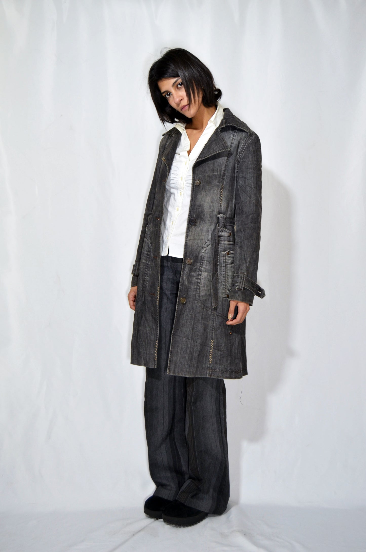 Grey Denim Vintage Coat with belt