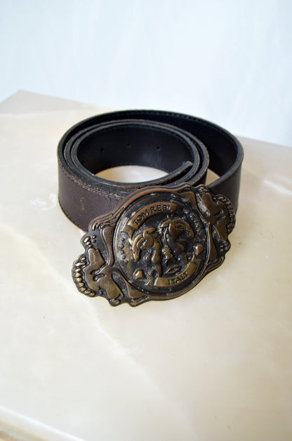 Vintage TOM REBL Leather Belt — Brass Crest Buckle