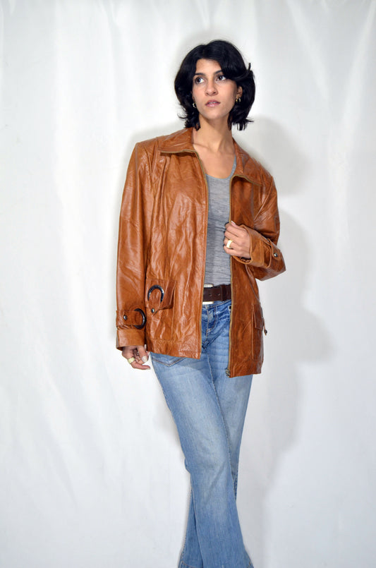 Camel Leather Vintage Jacket with Steel Details