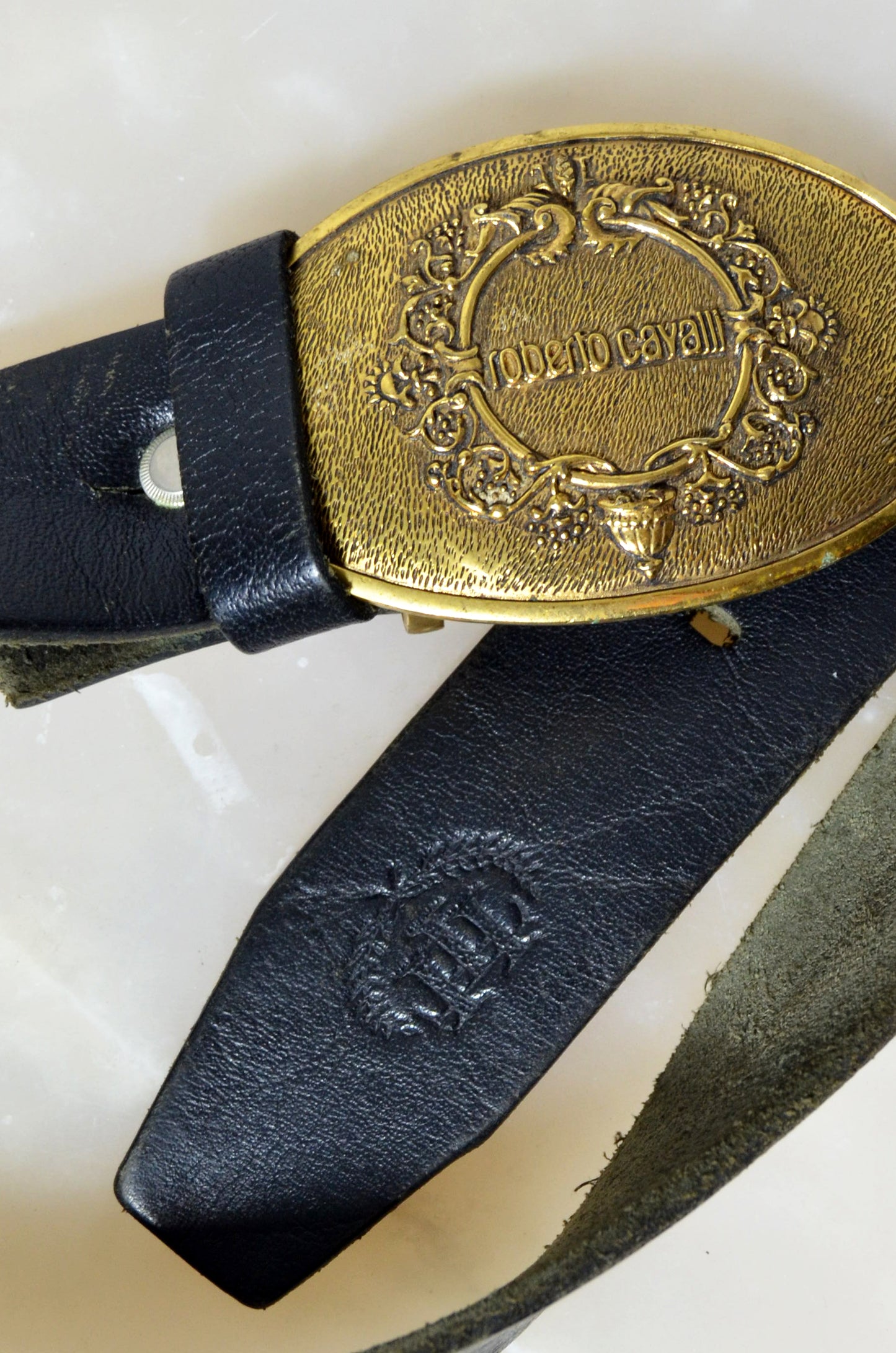Vintage Roberto Cavalli Leather Belt — Gold Oval Buckle