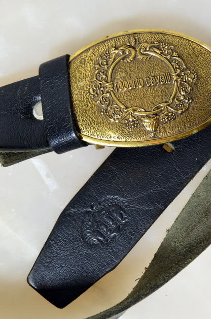 Vintage Roberto Cavalli Leather Belt — Gold Oval Buckle
