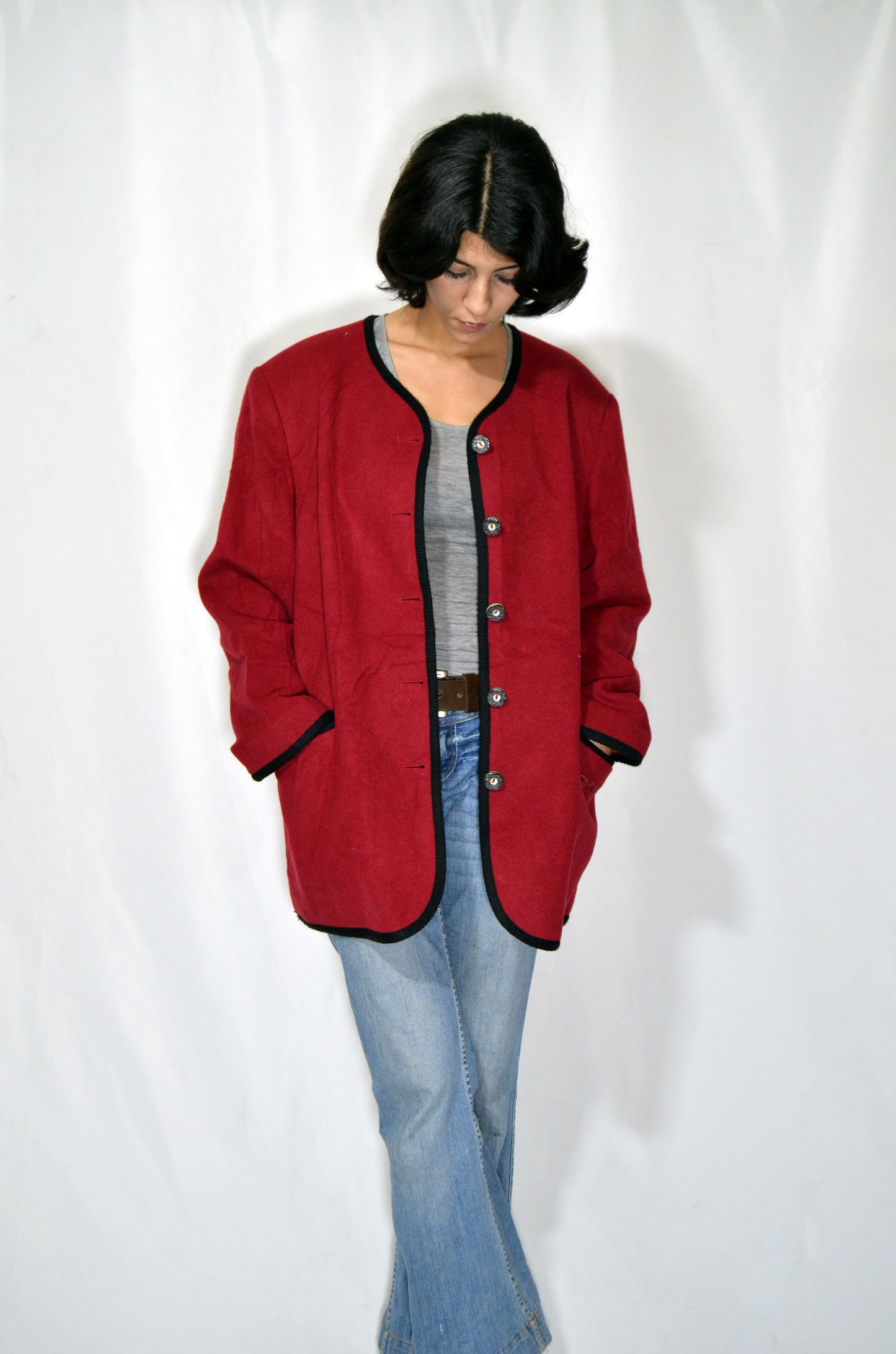 Red Wool Vintage Jacket with Black Details