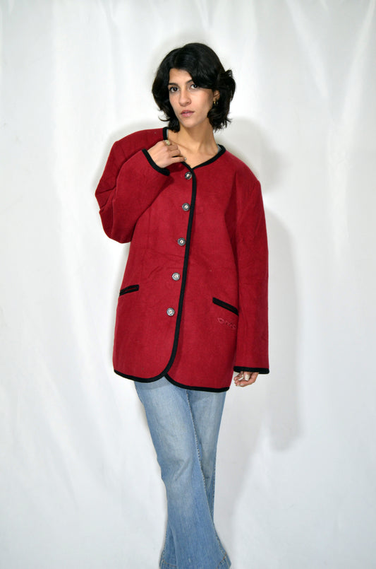 Red Wool Vintage Jacket with Black Details