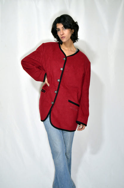 Red Wool Vintage Jacket with Black Details