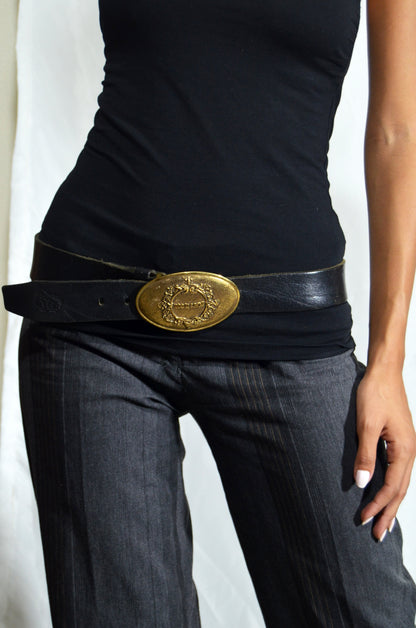 Vintage Roberto Cavalli Leather Belt — Gold Oval Buckle