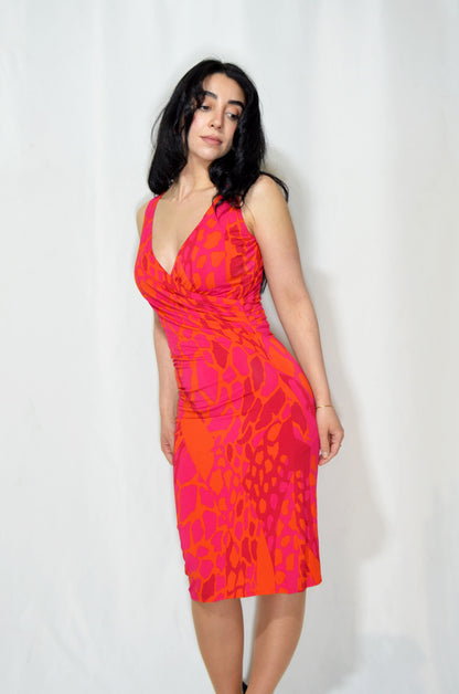 Pink & Orange Patterned Midi Dress