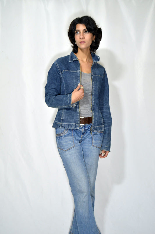 Blue Denim Fitted Zipper Vintage Jacket