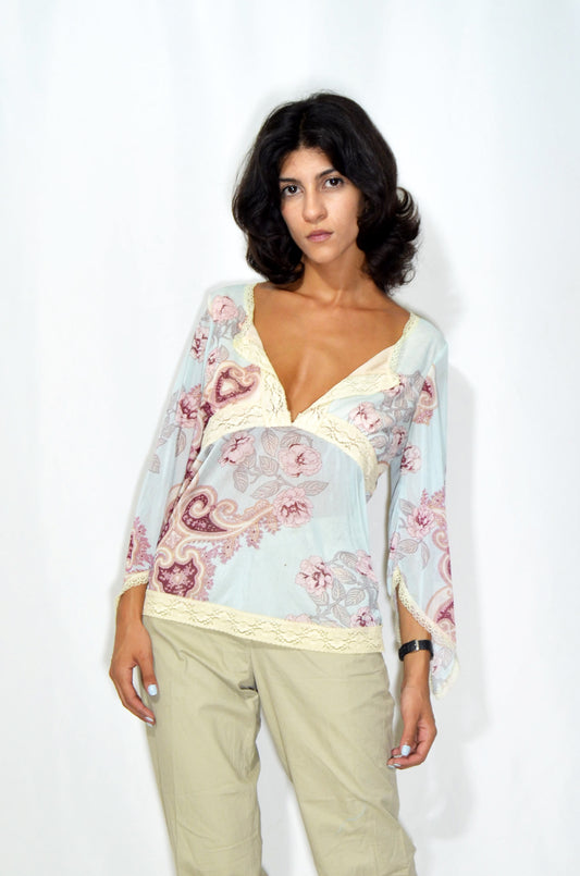 "BEBE" Blue Vintage Floral Top