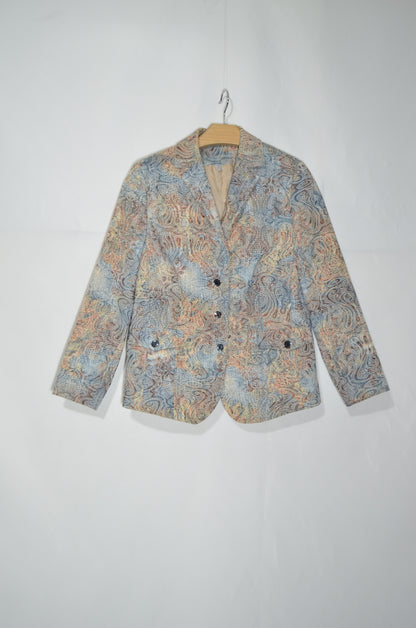 Blue & Beige Patterned Tailored Jacket